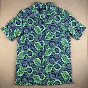 Cremieux Shirt Mens S Blue‎ Green Paisley Linen Blend Casual Button Front
